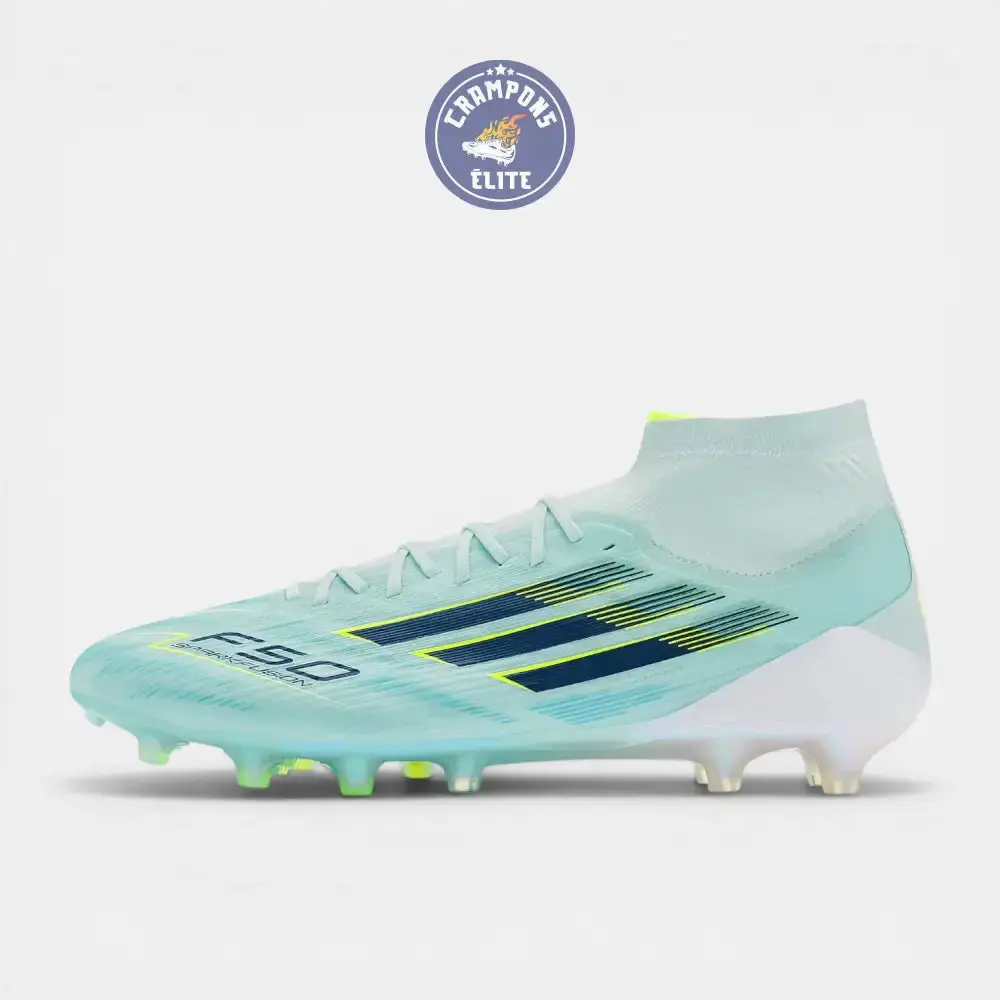 F50 Sparkfusion Mid Cut Lacets FG – Turquoise/Bleu Marine/Blanc - Image 4